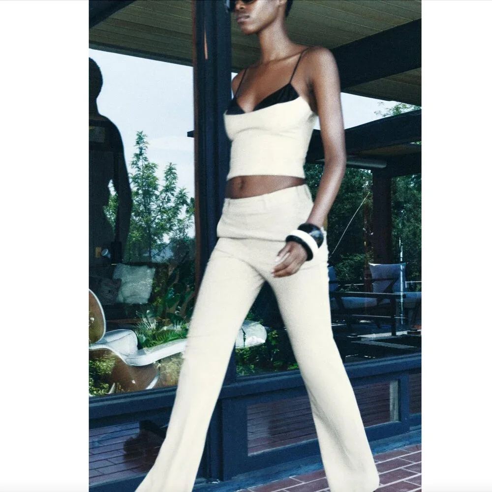 BLOGGER'S FAVE! Zara 2 Piece Flared Pants And Matching Tank Top Set Khaki NWT